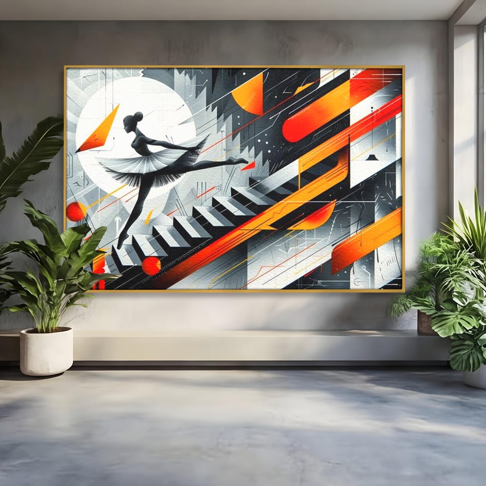 Tablou canvas cu tablou canvas cu balerina pe scari si cosmos, in rama de aluminiu auriu